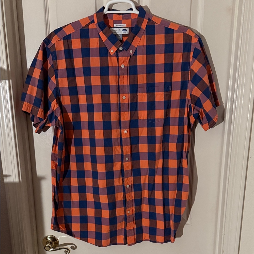 Old Navy Men's Bold Orange and Navy Plaid XXXL Tall Slim Fit Shirt